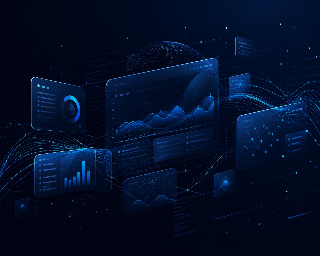 Composição abstrata de painéis de dados, conexões digitais e interfaces de software